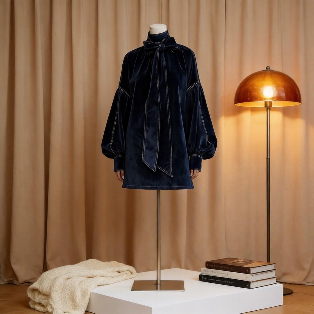 Velvet Butterfly Bow High Neck Dress With Ruffled Sleeves For Casual Office Wear
