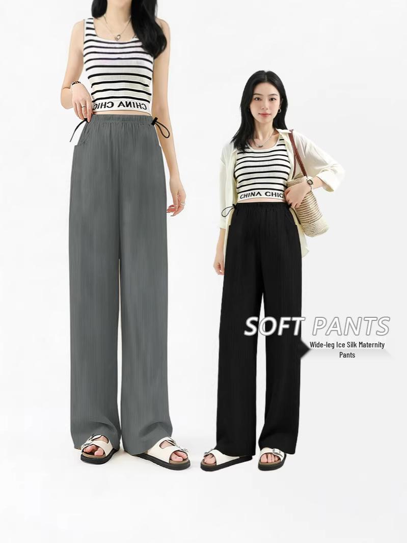 Summer Maternity Ice Silk Wide-Leg Pants: High-Waist, Lightweight, Straight-Leg for Pregnant Women 2XL (150-180 lbs)