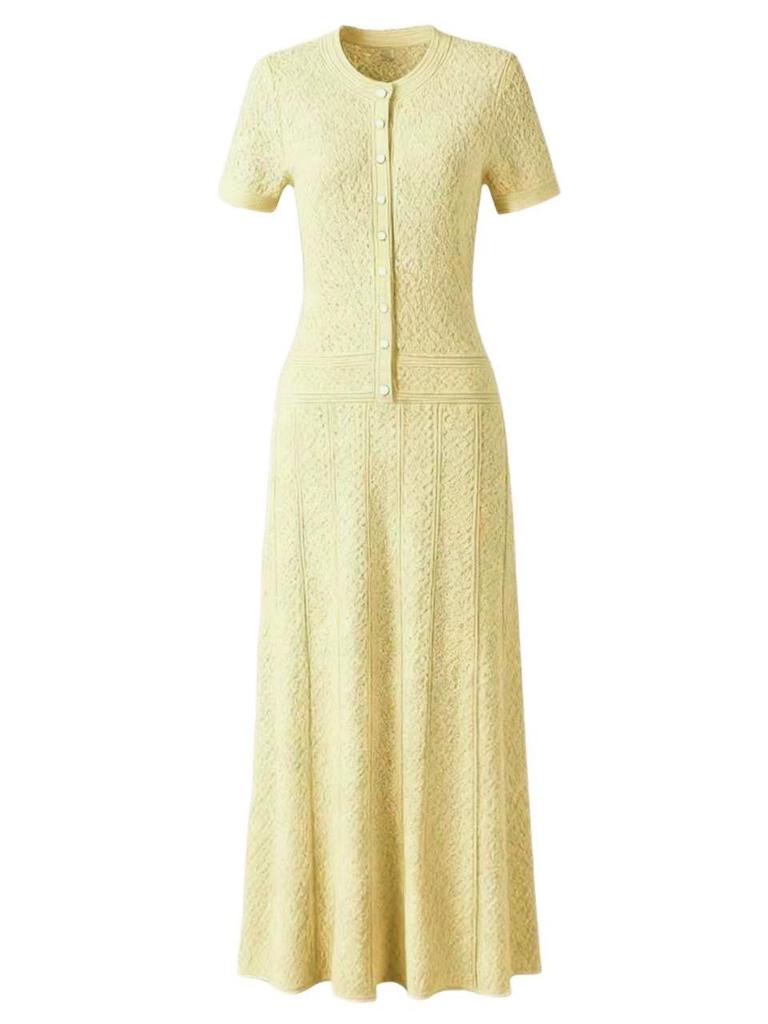 Rochie Lungă Elegantă S5 Primăvară/Vară cu Imprimeu Floral Francez, Decolteu Rotund, cu Nasturi