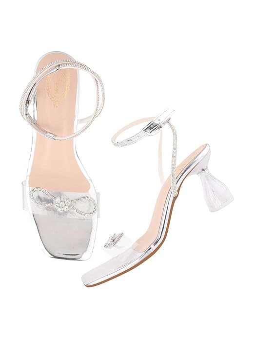 Shoetopia Damen Transparente Blockabsatz-Sandalen | Stilvolle Knöchelriemen-Partyschuhe mit Strass-Schleifen-Detail