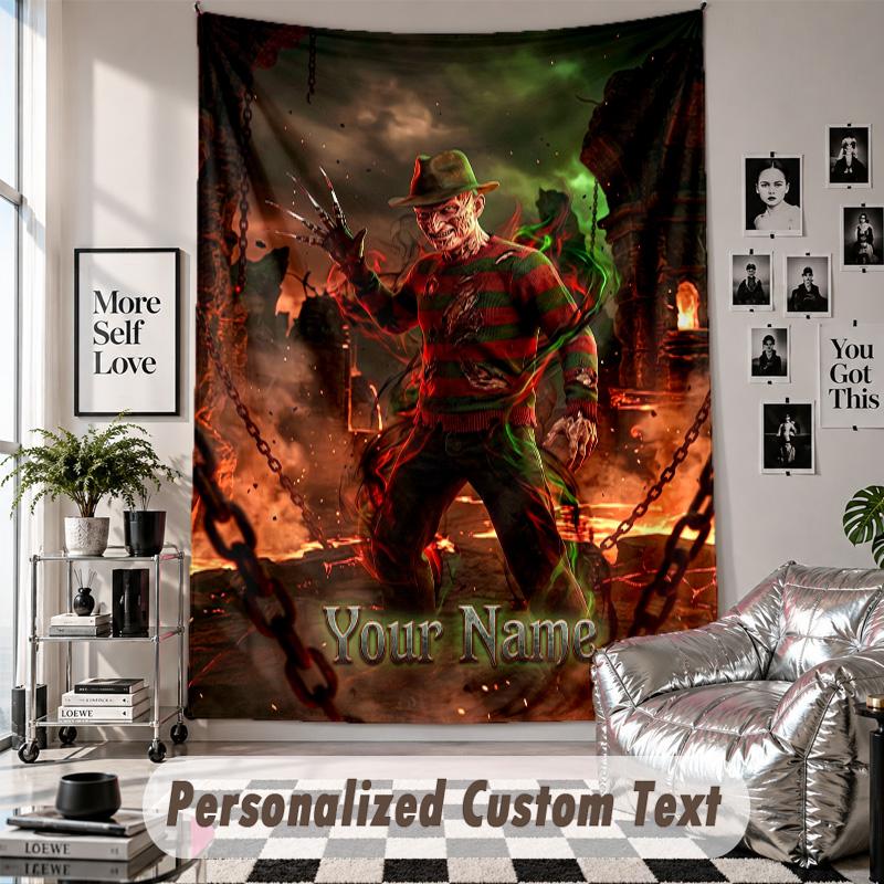 Custom Tapestry Wall Hanging, A Nightmare on Elm Street Freddy Krueger Personalized Name Text Home Wall Decor