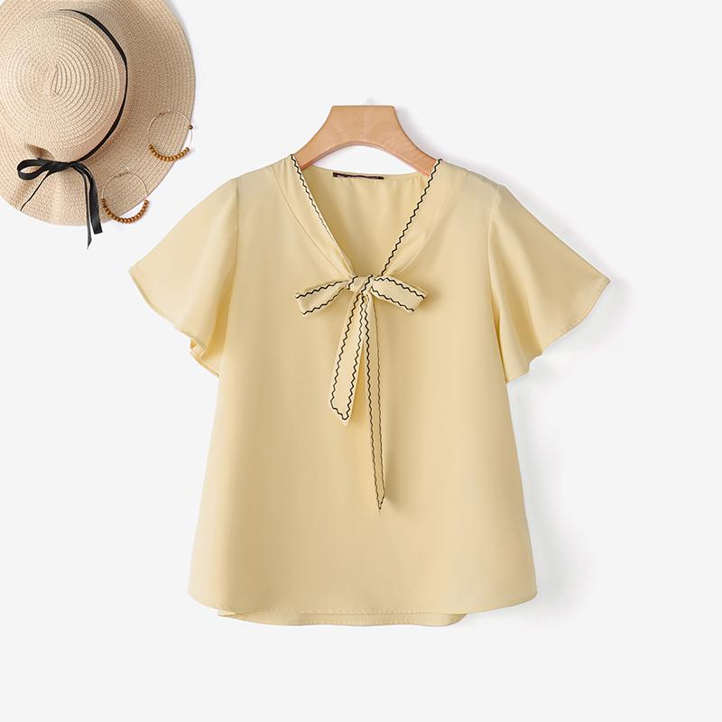 ZANZEA Womens Elegant V-Neck Tie Bow Stitching Short Sleeve Casual Loose Blouse Tops