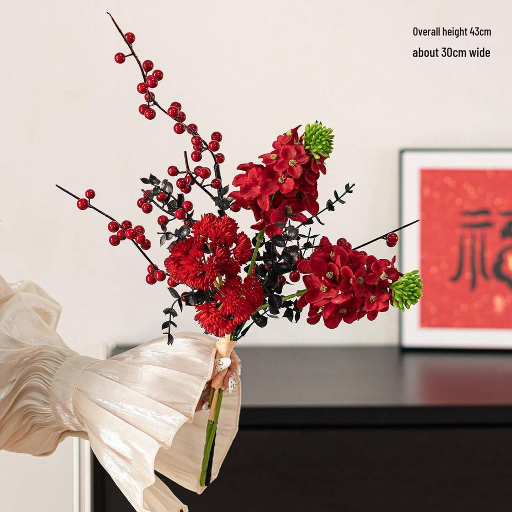 Spring Festival Red Fruit Faux Flower Arrangement for New Year, Wedding, Living Room, or Dining Table Décor