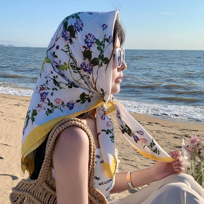 2025 new silk scarf women s summer sunscreen white 90 square scarf floral square scarf tulle scarf neck scarf shawl Default