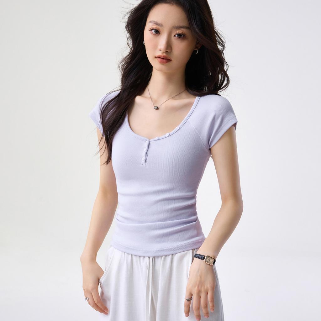 G Youkes, Henry V-neck semi-open button-up short-sleeved T-shirt women's summer fly-sleeved shoulder-plugged slim-fitting top