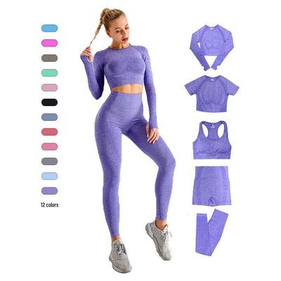 Combinaison de yoga à manches longues pour femmes avec haut à pois jacquard et pantalon taille haute liftant les hanches
