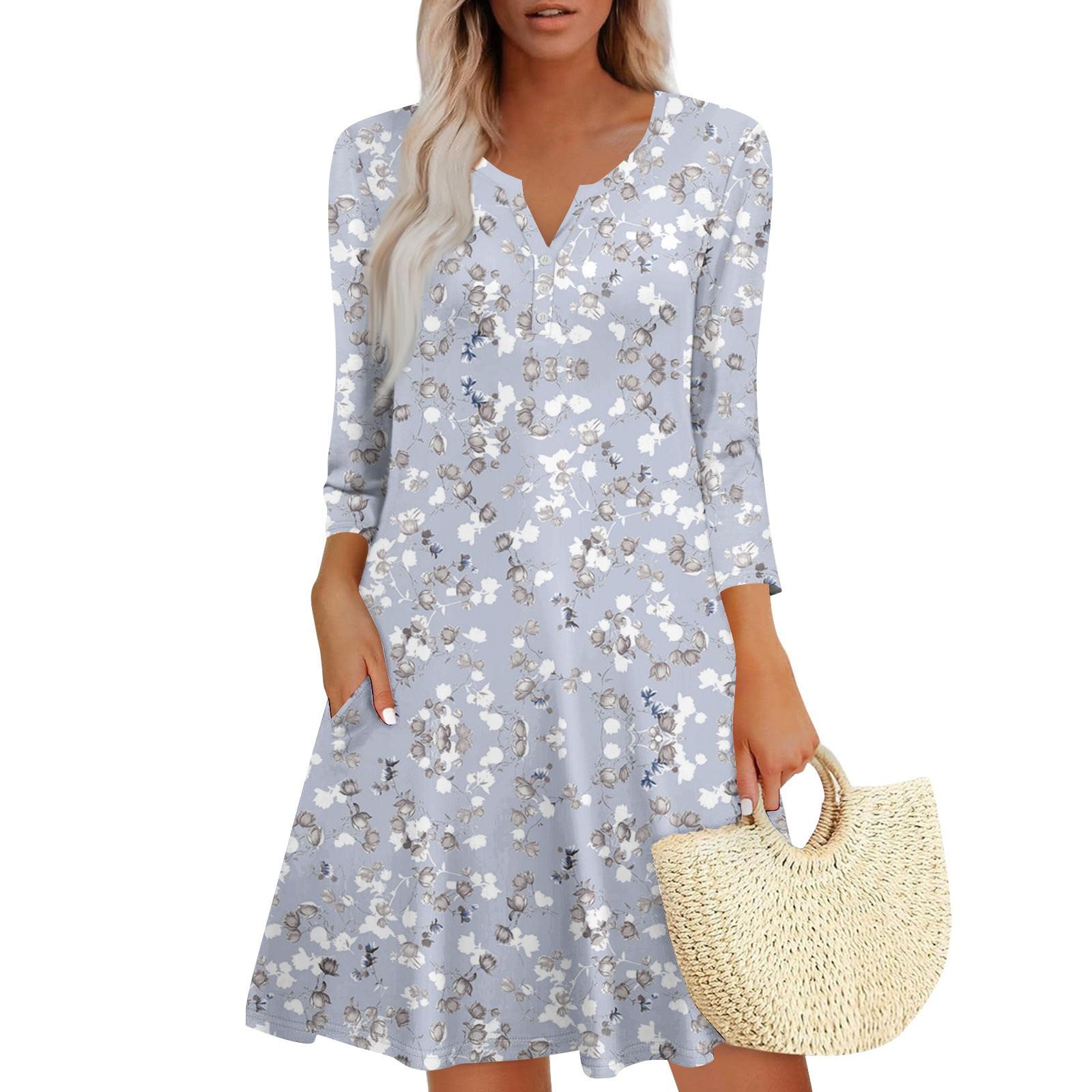 

Женское летнее платье, свободное платье с V-образным вырезом, рукавом три четверти и карманами L