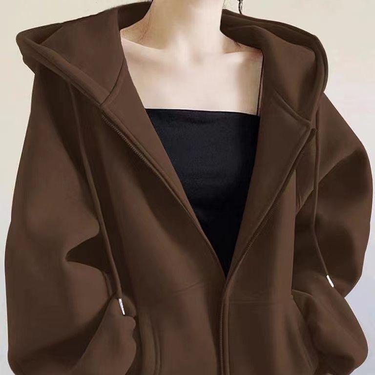 Autumn Winter Women's Fleece Sweatshirt Thickened Hooded Zip-up Loose Sweatshirt
