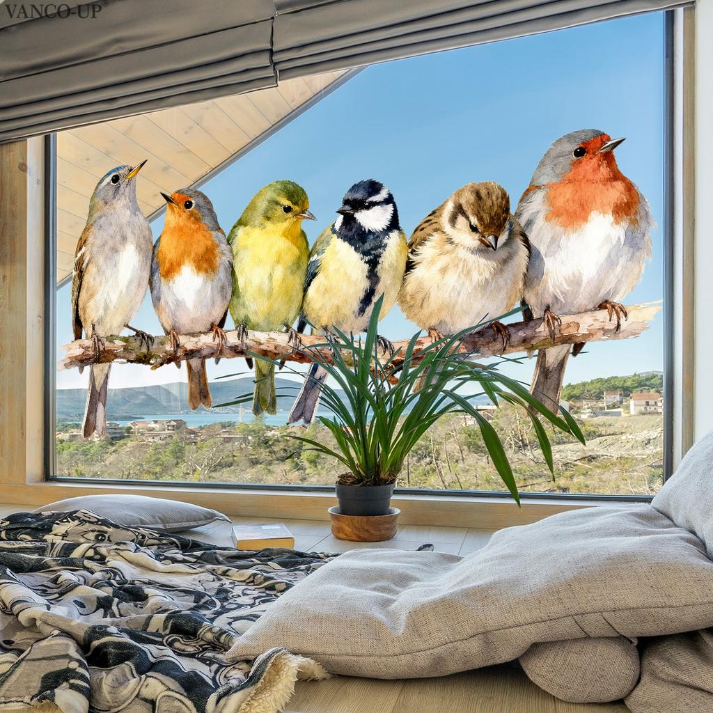 Static Cling Window Stickers Cartoon Birds on Branch Two Way Visible for Home Glass Cabinet Decor
