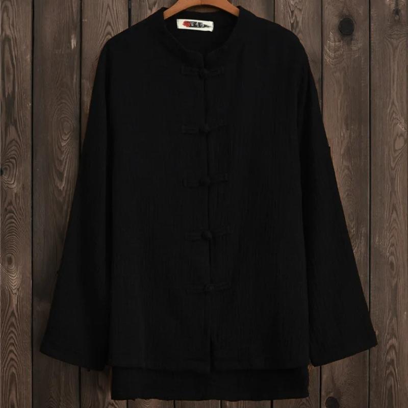 Spring Solid Color Stand Collar Full Sleeve Tops Women Vintage Single-breasted Cardigan Cotton Linen Shirts
