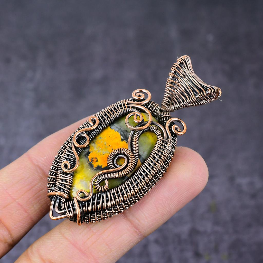 Bumblebee Jasper Gemstone Handmade Copper Wire Wrap Jewelry Pendant 2.56" t9A98