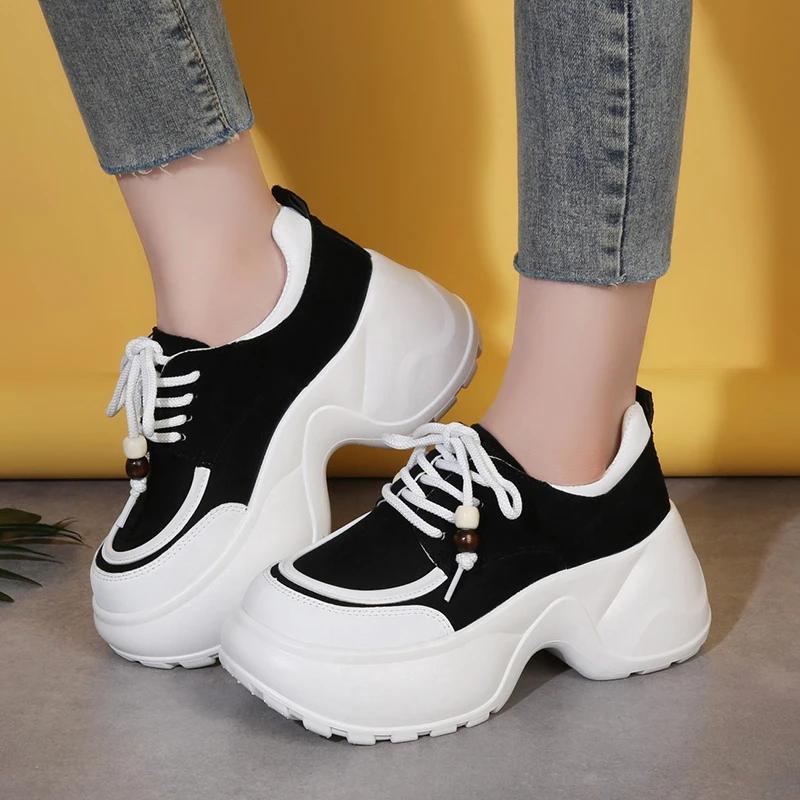 2025 New Shoes for Women Lace Up Outdoor High Quality Women Sneakers High Heels Sponge Bottom Casual Round Head Vulcanize Shoes