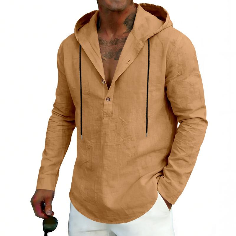 Men’s Casual Linen Hooded Top, Long-sleeved Half-Button-Up Henley Shirt, Spring/Autumn Breathable Beach Top