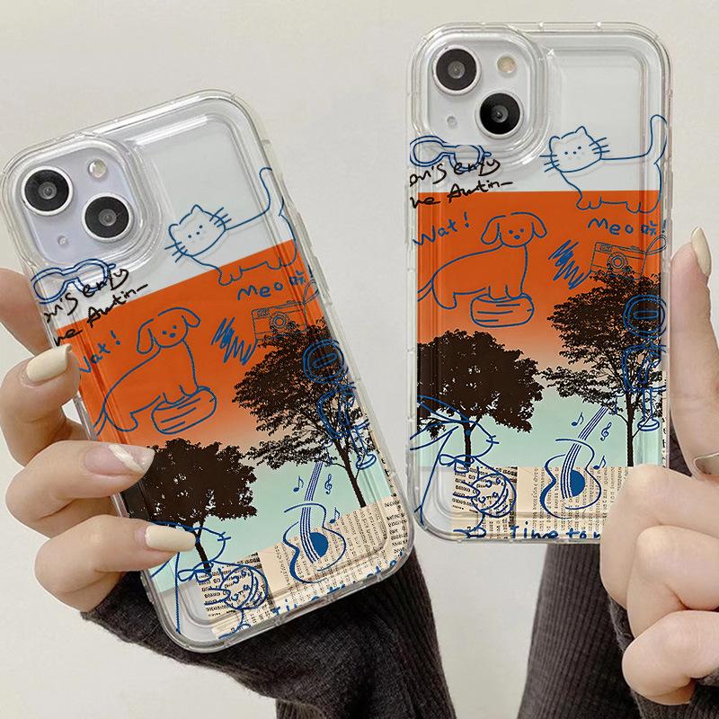 Ins Wind Premium Sketch Cat and Dog Applicable iPhone17Pro Airbag Mobile Phone Case 16Pro Apple 14/15 Factory