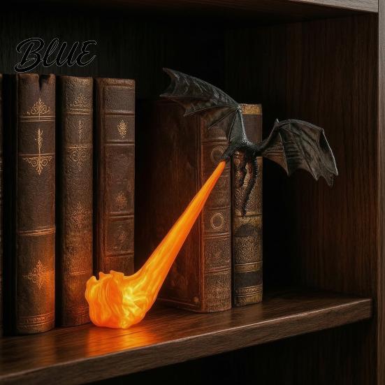 Unique Bookshelf Ornaments Dragon Nook Light 3D Printed Fire-Breathing Fantasy Shelf Decor with Flame Flying Desk Figurine Base Figurine Halloween