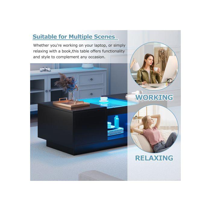 Table basse noire 100x50x35,5 cm - avec couvercle en verre, éclairage LED, 2 tiroirs et 1 compartiment ouvert