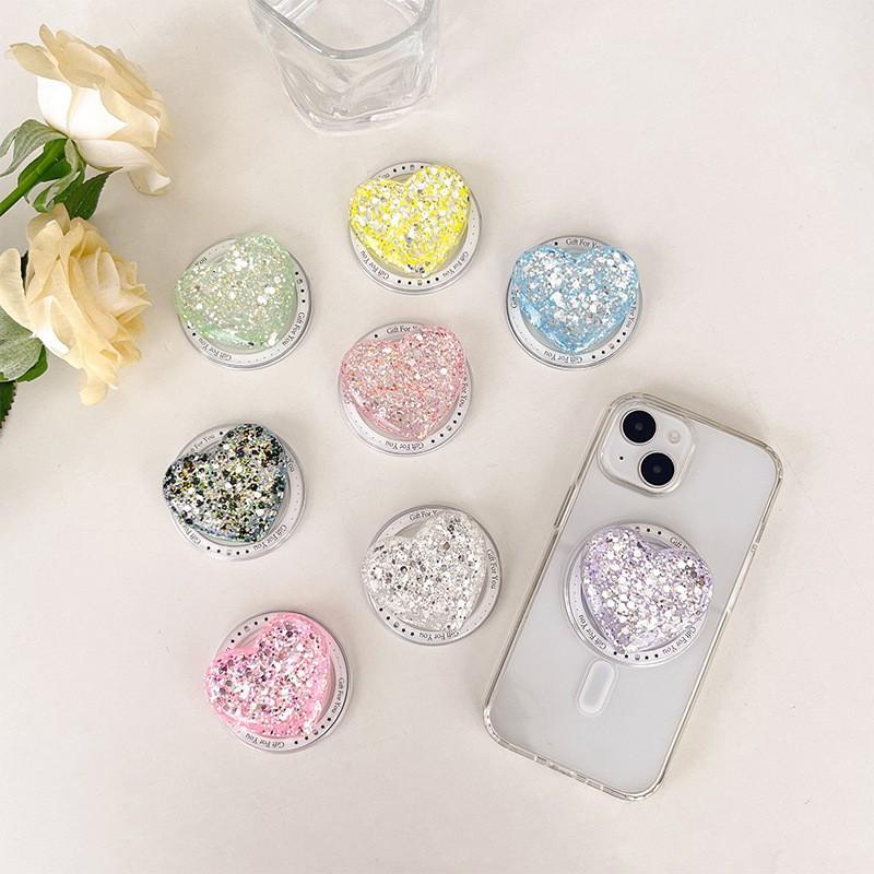 Sequin Drop Glue Heart-shaped Mobile Phone Airbag Holder Magnetic Suction Magsafe Back Sticker Women Expandable Support Frame Watching TV Shows