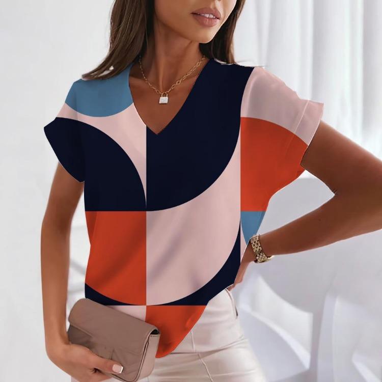 Women's Fashion Loose Harajuku Style Tiny Spot Print V-neck Short Sleeve Pullover Top Casual Tee For Ladies