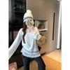 Women's 270g Thermal Fleece V-Neck Top with Lace Trim, Loose-Fit for Layering in Autumn/Winter