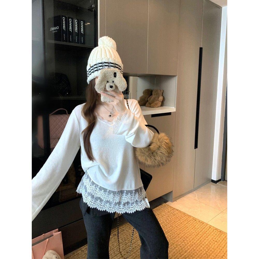 Women's 270g Thermal Fleece V-Neck Top with Lace Trim, Loose-Fit for Layering in Autumn/Winter