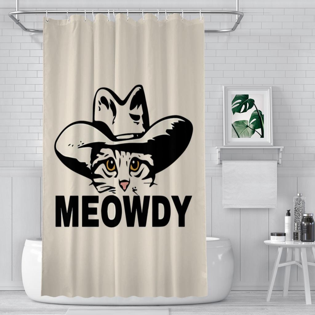 Funny Animals Shower Curtain,Cat Cowboy With Rifle Rides A Horse On Green Grass Ranch With Cow Dog Shower Curtains For Bathroom