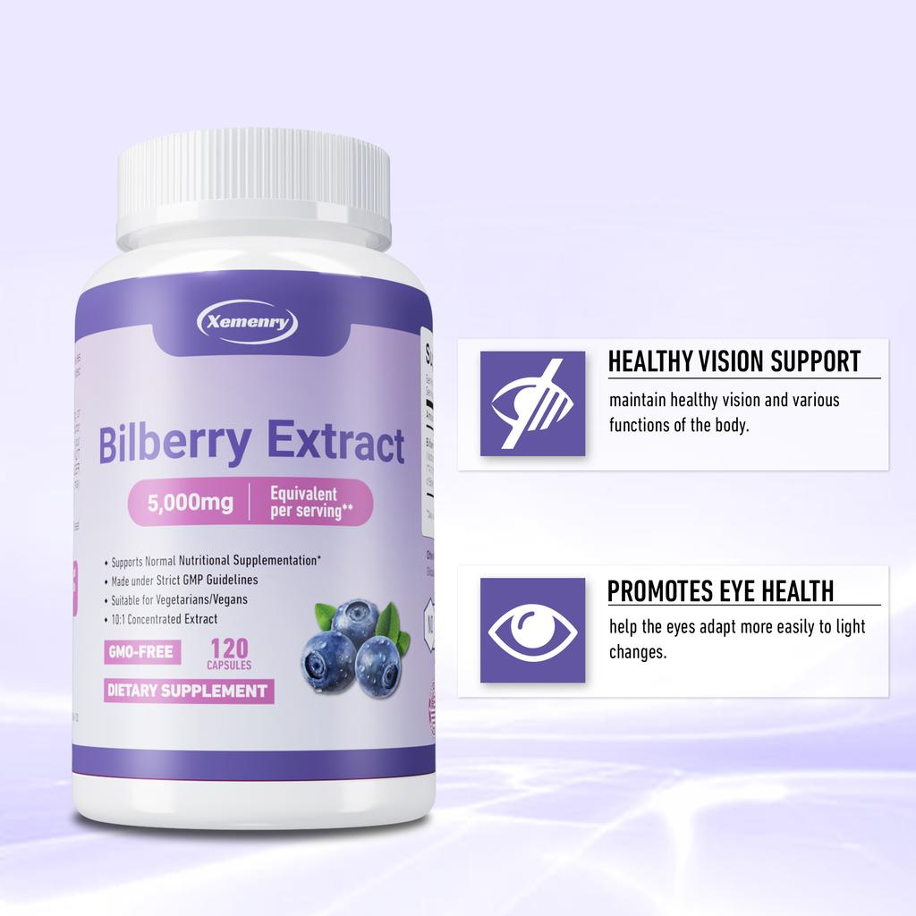 XEMENRY Bilberry Extract Capsules, 10:1 Concentrated Extract, 5000 Mg Bilberry Fruit, Suitable for Adults