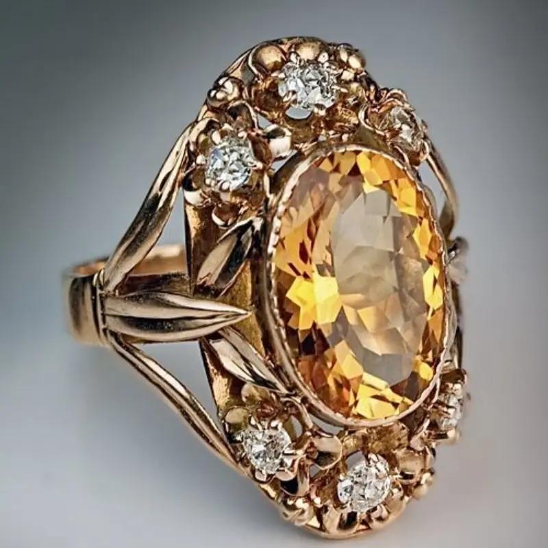 Gorgeous Inlaid White Champagne CZ Women's Ring Sparkling Gold Color Geometry Daily Wear Party Jewelry Anniversary Gift