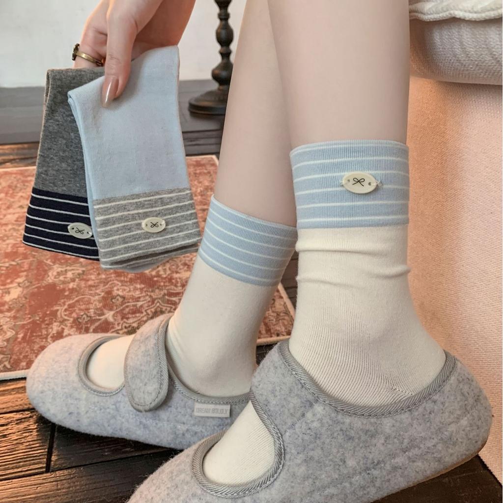 Button-Down Bow Socks Mid-Leg Socks Trendy Pure Cotton Versatile Preppy Style Striped Contrast Stack Socks