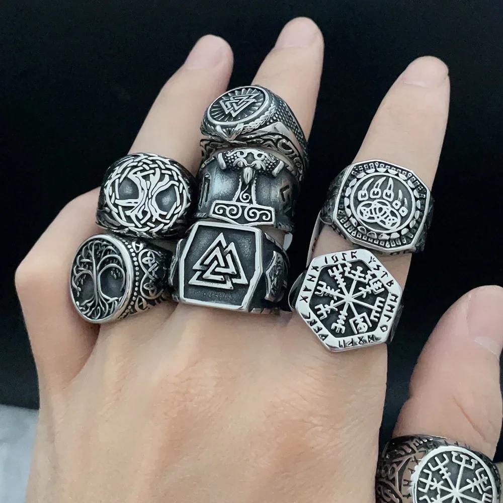 Vintage Viking Men Rings Stainless Steel Ethnic Belief Nordic Odin Compass Tree of Life Valknut Ring Amulet Jewelry
