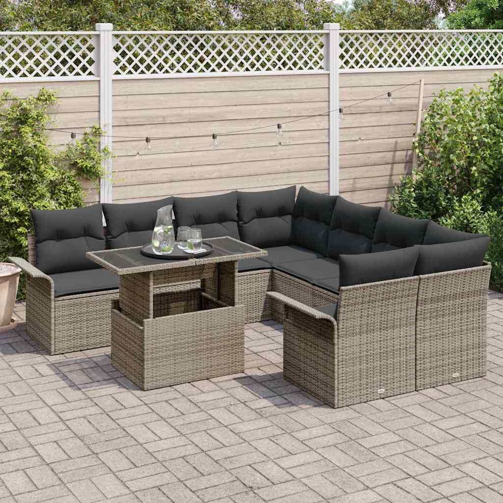 9 Piece Grey Garden Sofa Set with Cushions