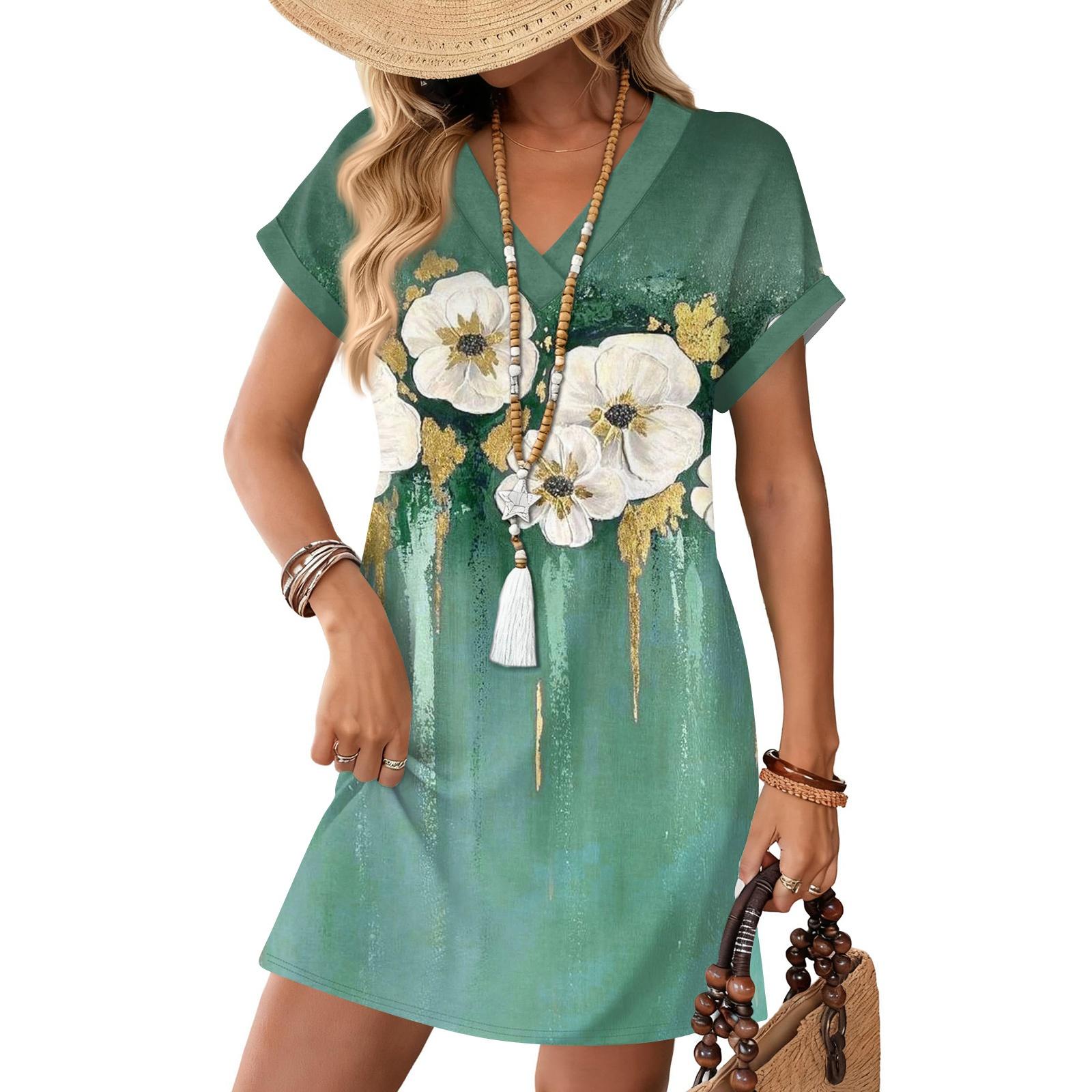 

Women s Fashion Print V-Neck Short Sleeve Pocket Casual Pullover Dress S