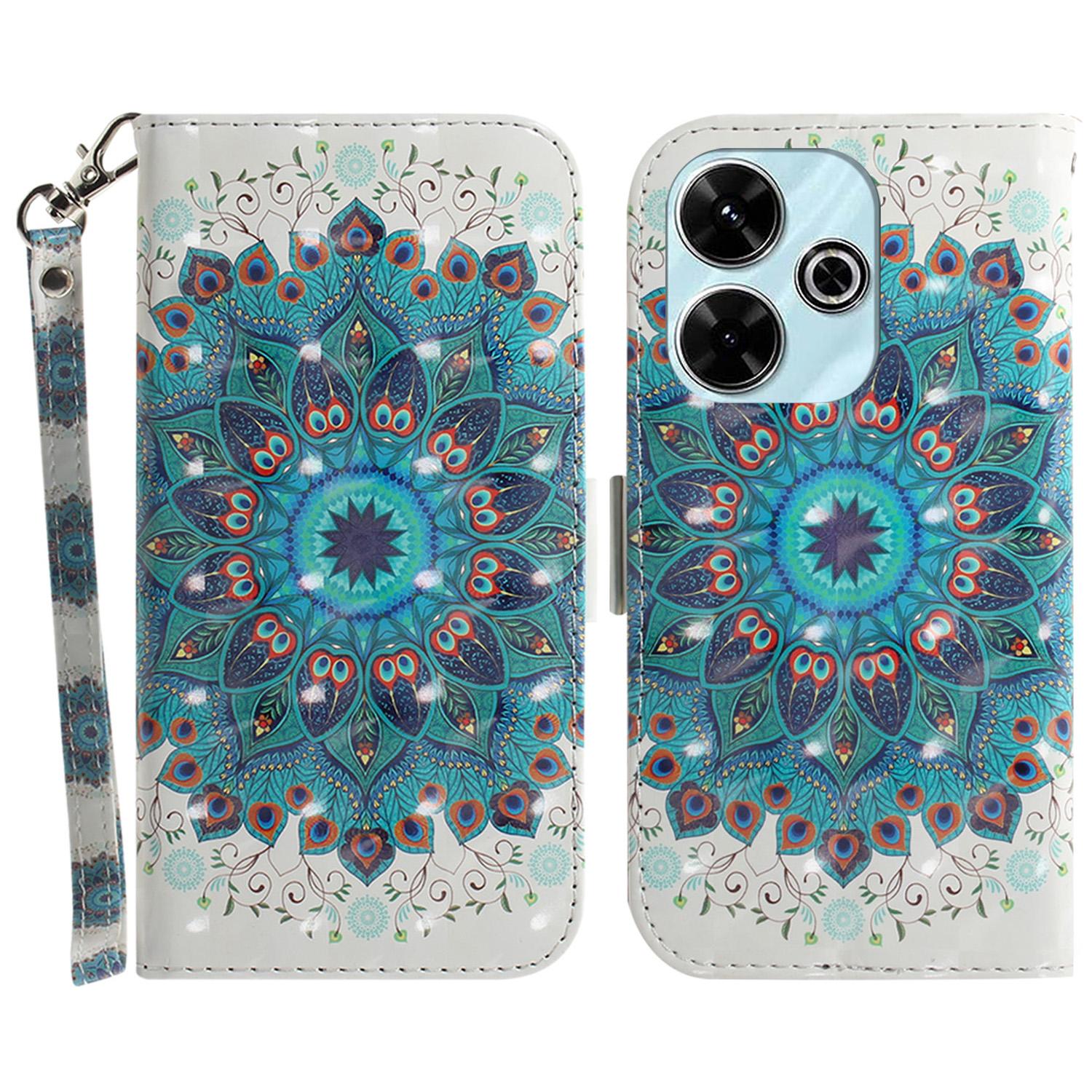 

For Xiaomi Redmi 13 5G/13 4G/Poco M6 4G Case Stylish Pattern Leather Wallet Stand Phone Cover Peacock Wreath