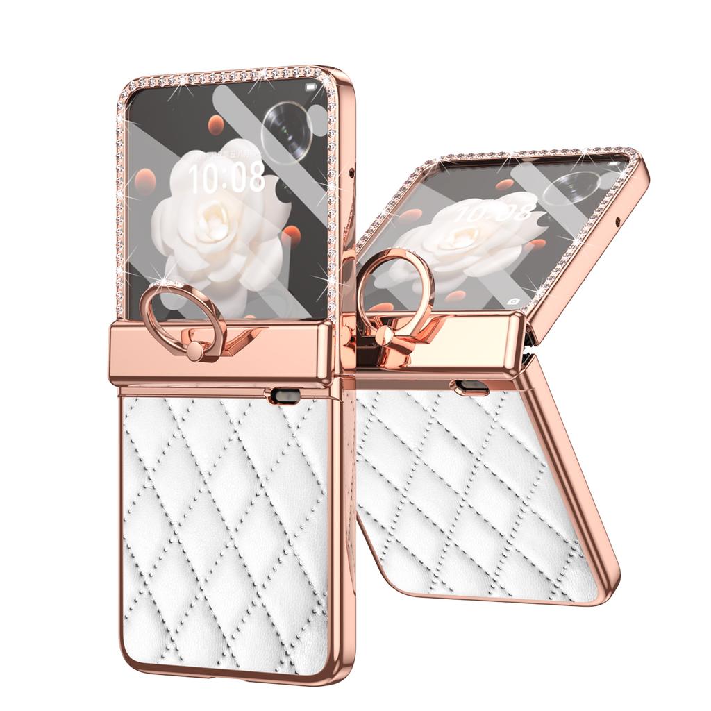 For Honor Magic V Flip Luxury Plating PC+Leather Hinge Full Body Cover Build-in Glass Front Film Shockproof Case