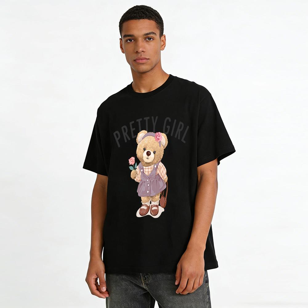 Pretty Girl Cute Bear Print Kids T-shirt Sweet Floral Bear Graphic Casual Top For Toddler Girls Pure Cotton T-shirt