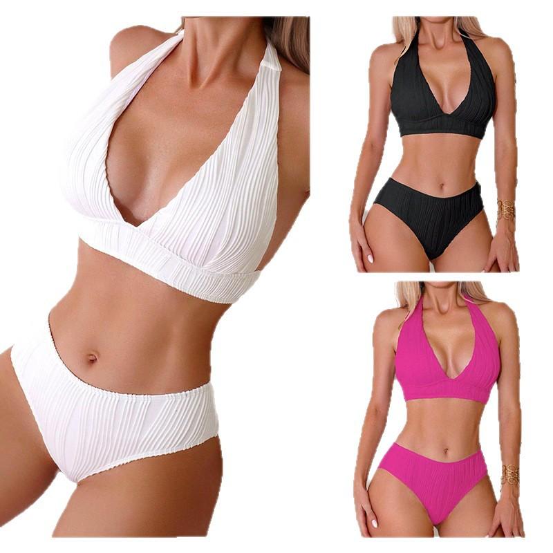 1011 swimsuit neck deep V high waist bikini slim solid color bikini sexy halter swimsuit