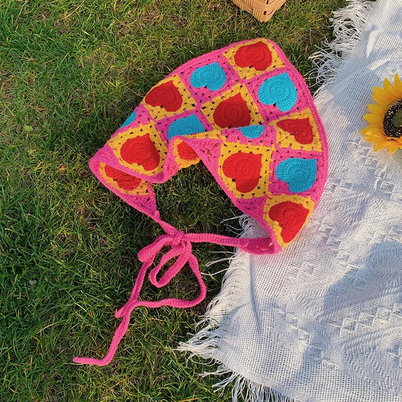 Korean Sweet Heart Hair Scarf Handmade Crochet Hollow Triangle Headband Towel Sweet Cute Strap Hair Bag Headscarf Hat