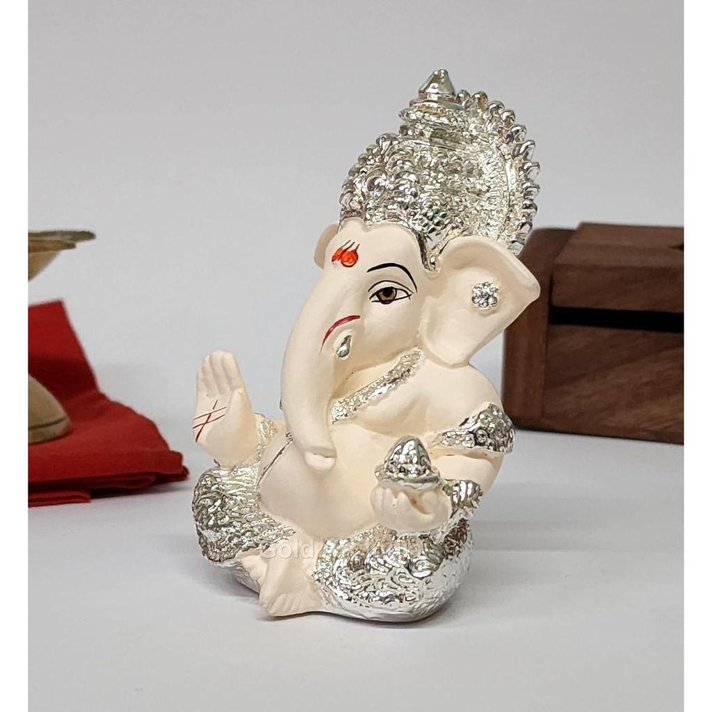 God Ganesha Idol for Home Decor Ganpati for Gift Home Office Table Shelves Gifting 3.5 inches (Silver) (Silver Cherry Blossom), Idol