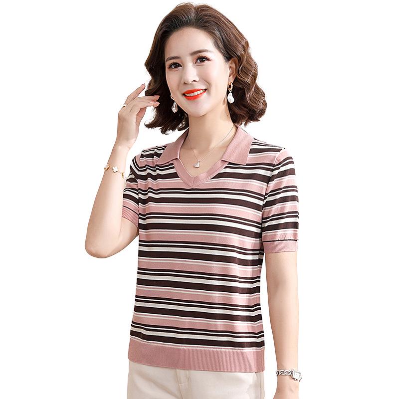 

Stylish Striped Ice Silk Short Sleeve T-shirt for Middle-Aged Women M (85-105 jin) розовый