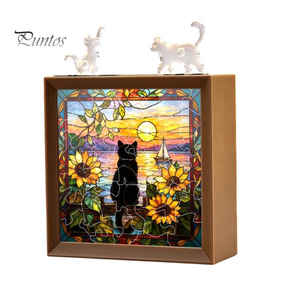 Wooden Photo Frame Base DIY Acrylic Cat Puzzles Night Light, Hand-Assembled Stained Glass Style Jigsaw Lamp with Personalized Handmade Presents Decor,
