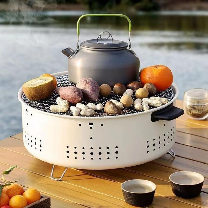 Round Charcoal Outdoor BBQ Grill with Enclosure for Camping & Tea Brewing