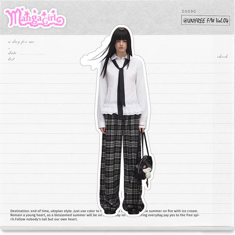 unifree Retro Plaid Brushed Wide-Leg Casual Pants