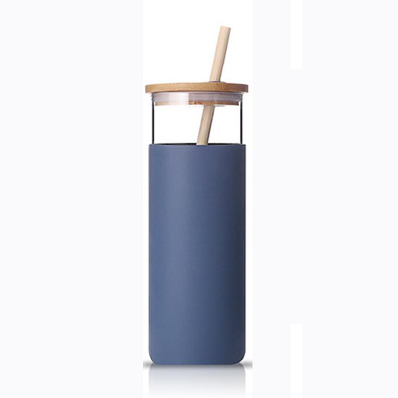 500ml High Borosilicate Glass Bottle With Silicone Sleeve BPA Free Bamboo Lid Wide Mouth Glass Water Cup With Straw 500ml синий