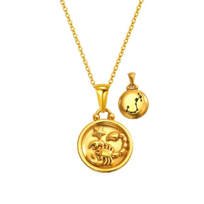 Gold Titanium Steel Round Double-Sided Wearing 12 Constellation Necklace Women'S Light Luxury Collarbone Chain Pendant
