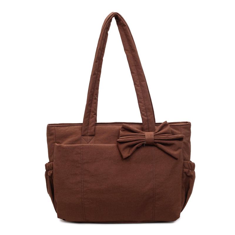 Bow tote bag for women, daily class commuting, versatile sweet girls simple and light handbag shoulder bag coffee color