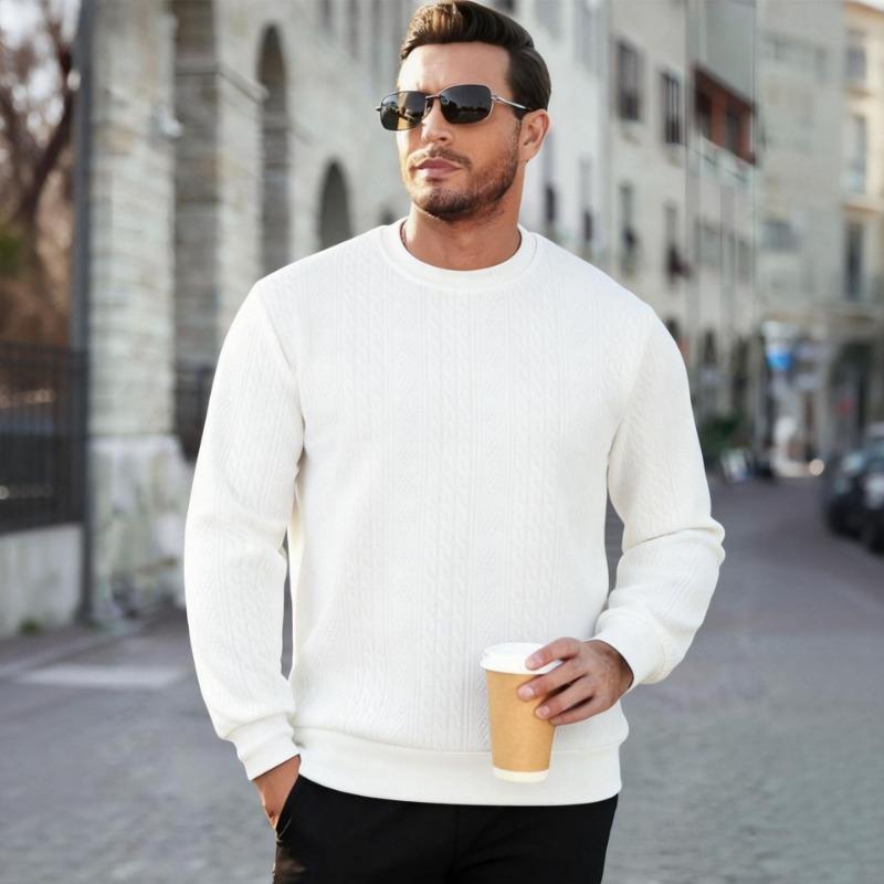 Men Cable Knit Crew Neck Long Sleeve Sweatshirt S белый