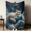 Cozy Fox & Clouds Flannel Throw Blanket - Hypoallergenic Polyester All-Season Bedspread, Dark Blue/Black Night Sky with