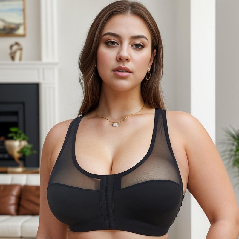 Plus Size Elegant Bra, Women's Contrast Lace Front Closure Scalloped Trim Bralette