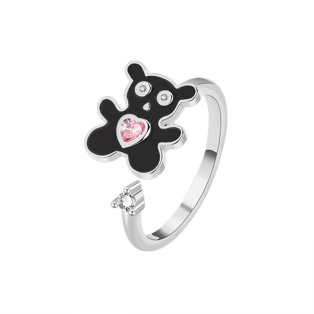 Charming Pink Diamond Bear Rotating Open Ring For Women Micro Paved Trendy Finger Band Jewelry