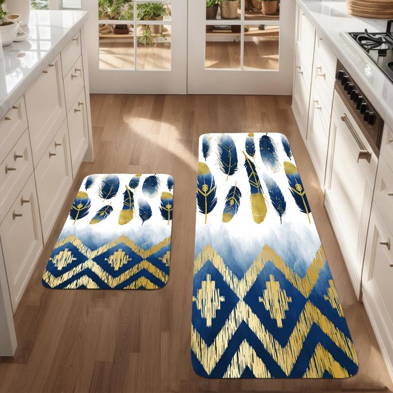 1Pcs Bohemian Feather Pattern Floor Mat Modern Kitchen polyester Rug Non-Slip Colorful Indoor Carpet, For Home Bathroom Bedroom Living Room Decor