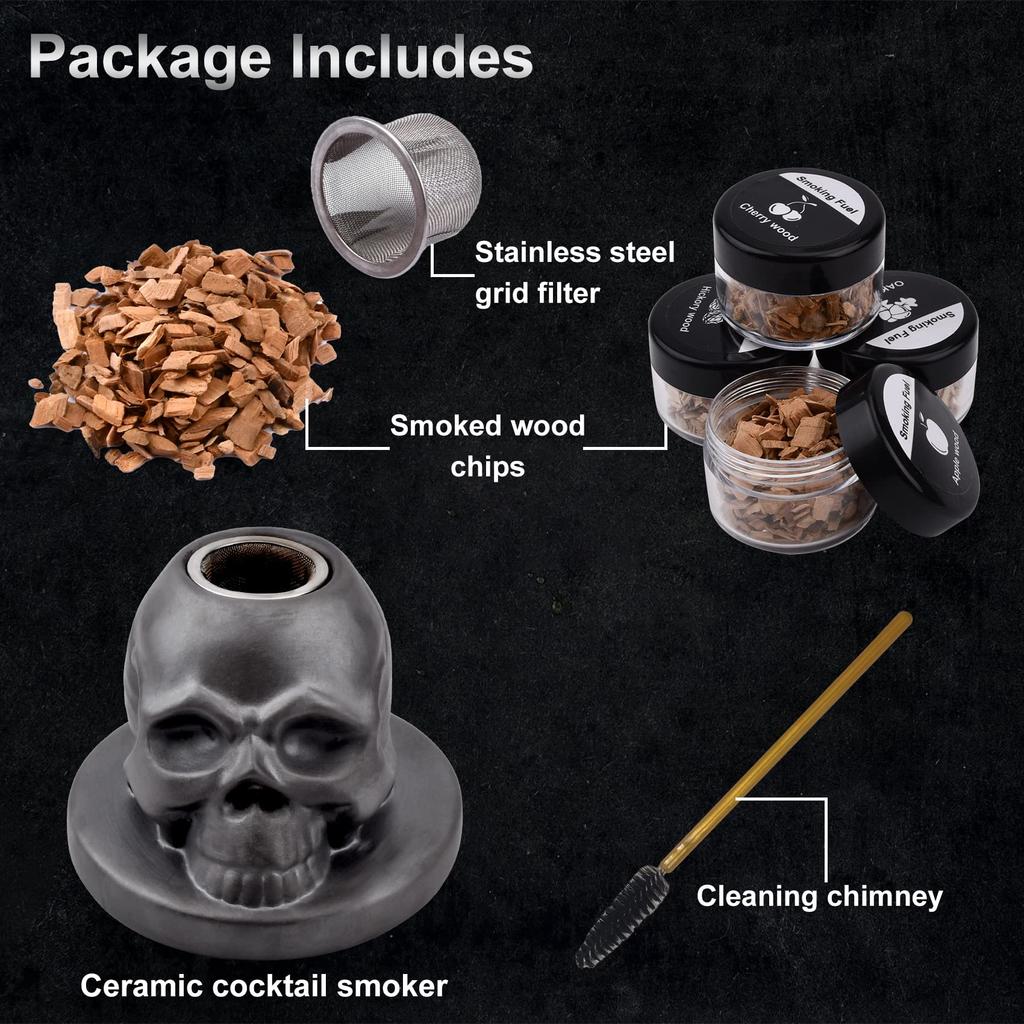 Cocktail Smoker Kit with 4 Flavors Wood Chips -Ceramics Bourbon Whiskey Skull-Shaped Old Fashioned Smoker Infuser for Bar Tools